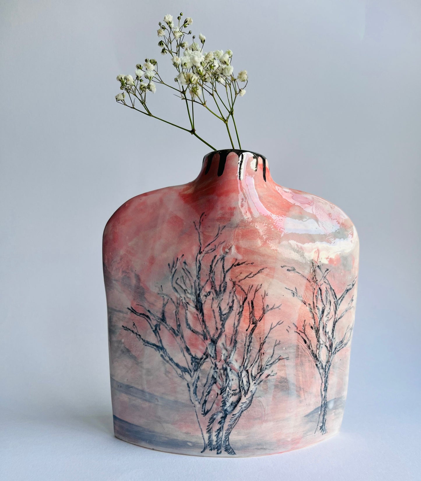 Large Pink Silhouette porcelain bottle with gypsophila drawn tree design on front and back by ceramicist  Nicola Briggs 