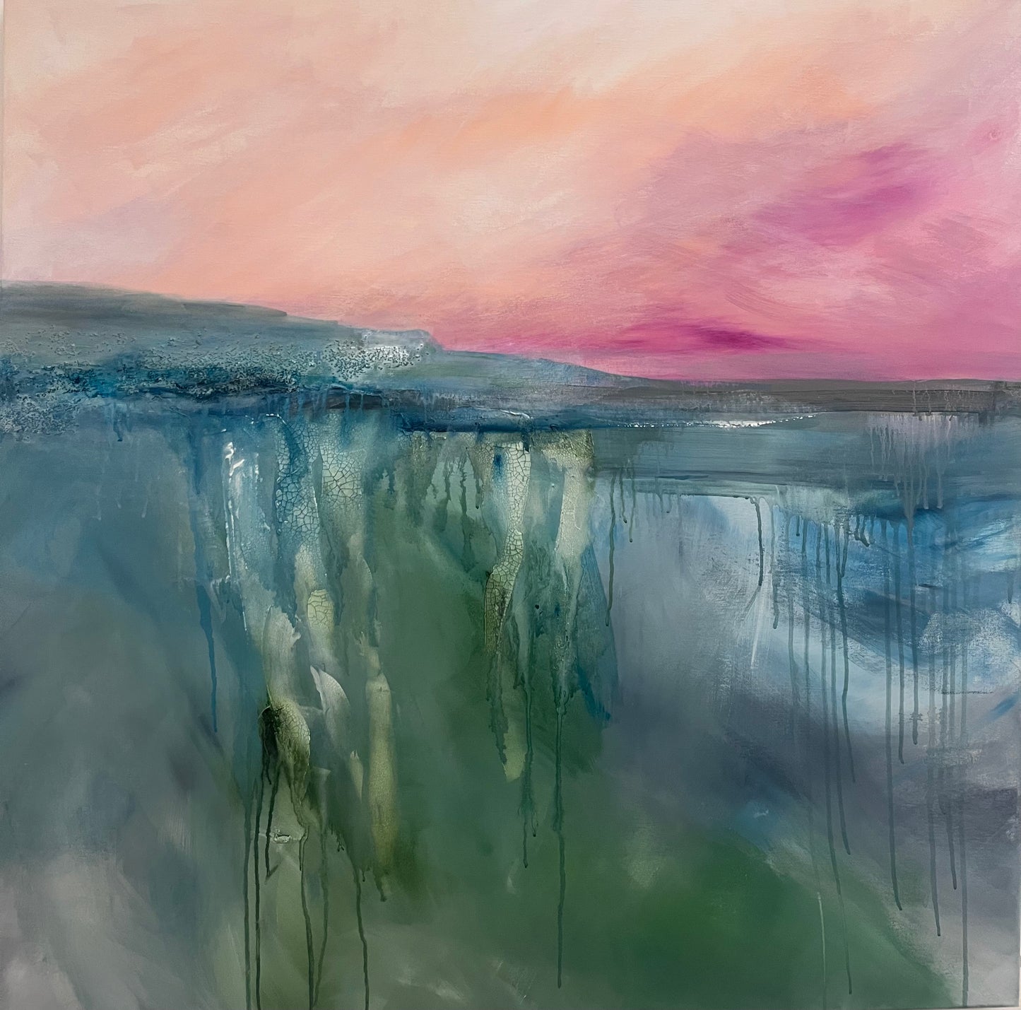 Abstract atmospheric painting with a pink sky and reflective water surface