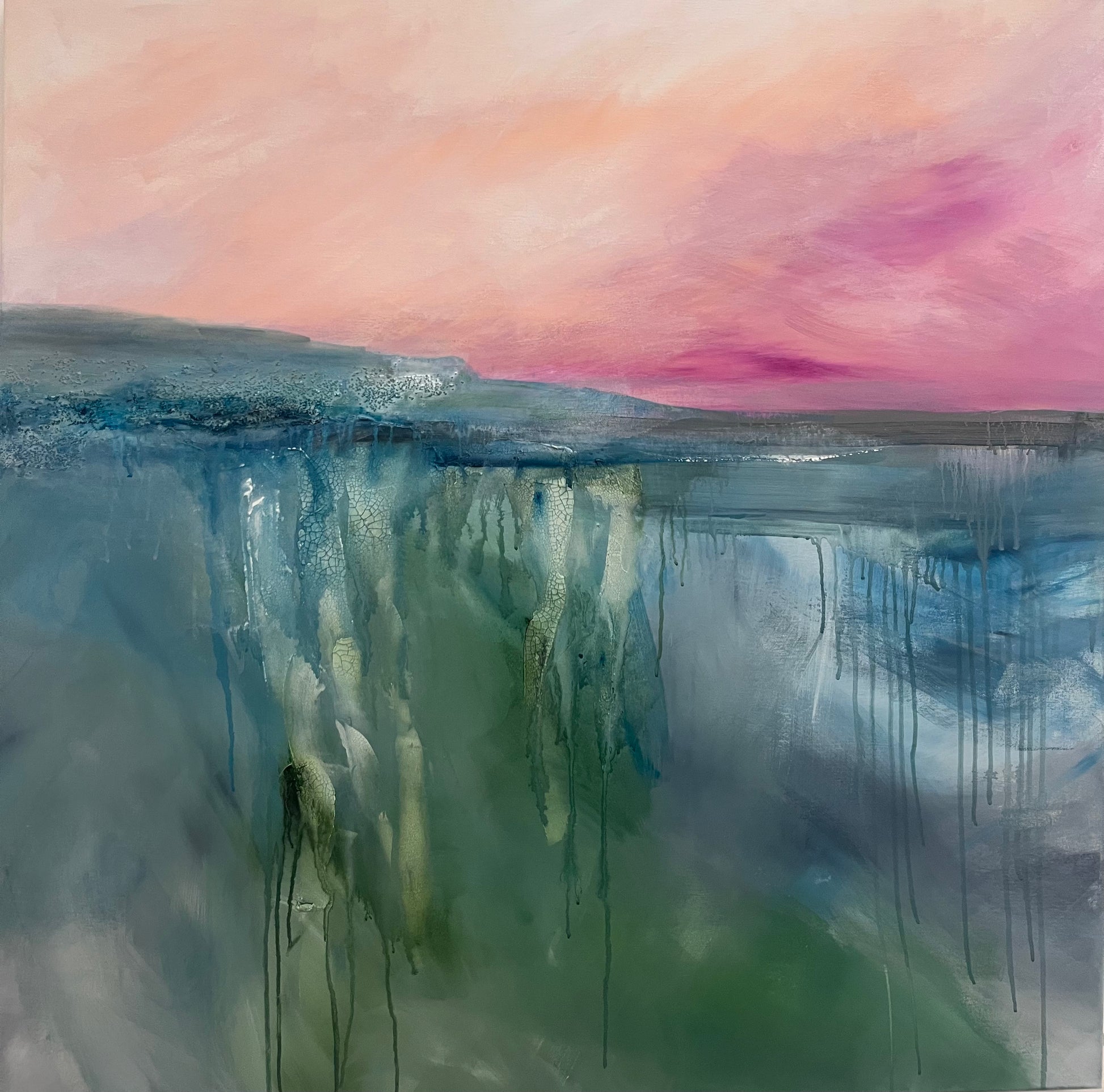 Abstract atmospheric painting with a pink sky and reflective water surface
