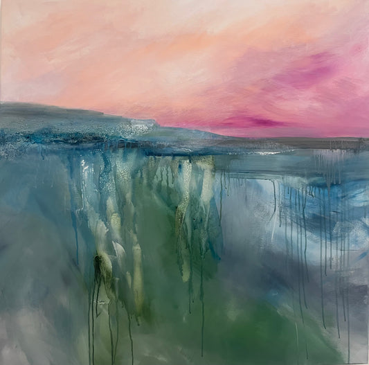 Abstract atmospheric painting with a pink sky and reflective water surface