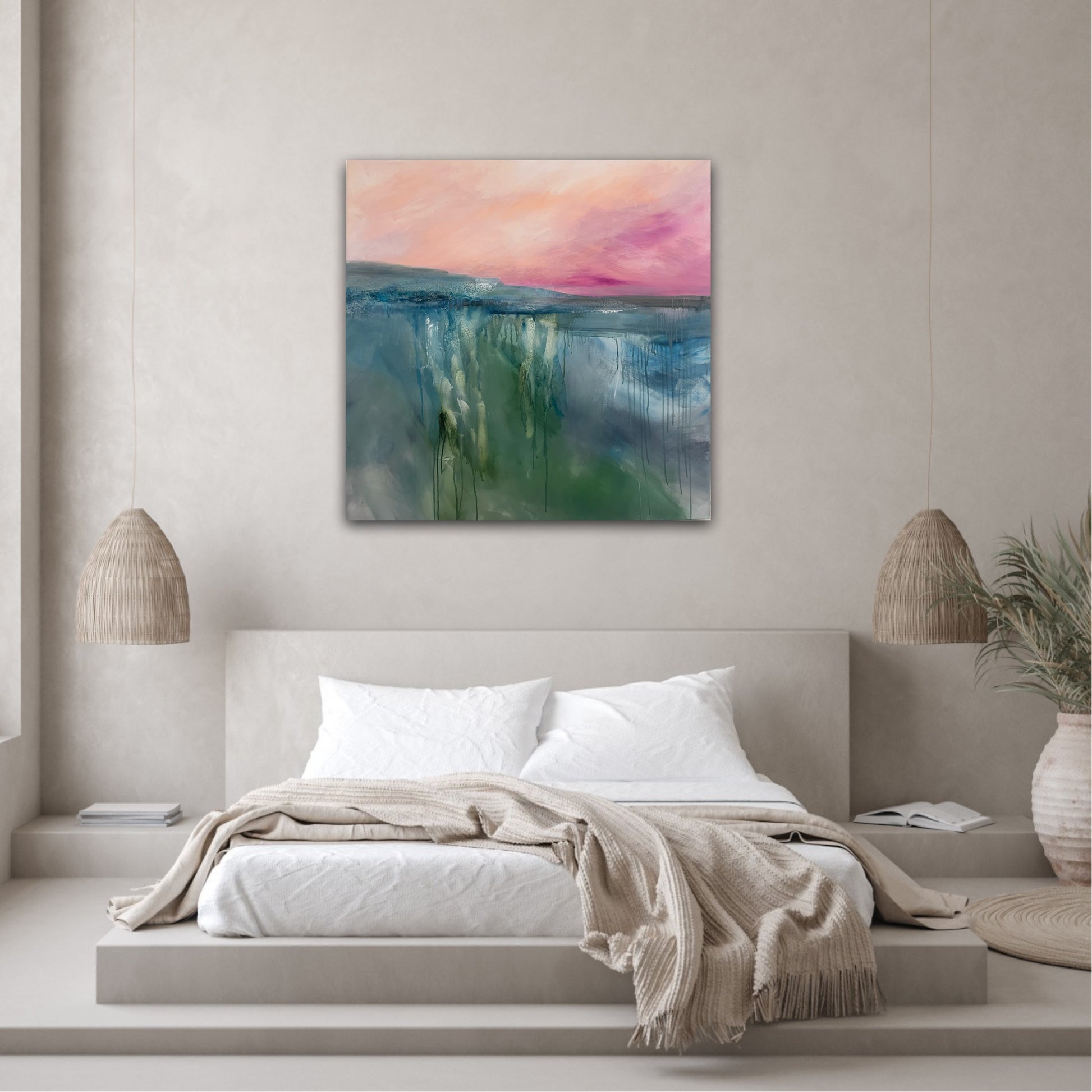 Modern bedroom with a bed, lampshades, and a colorful abstract painting on the wall.