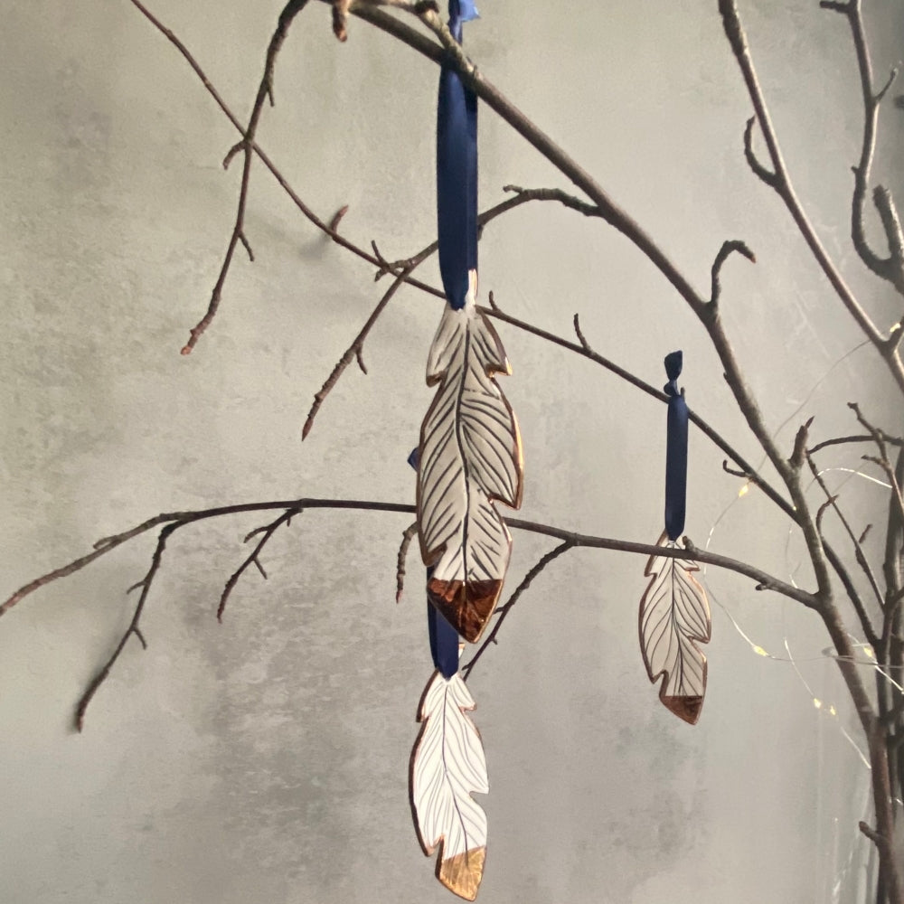 Copper Tipped Feather Christmas Decoration in porcelain