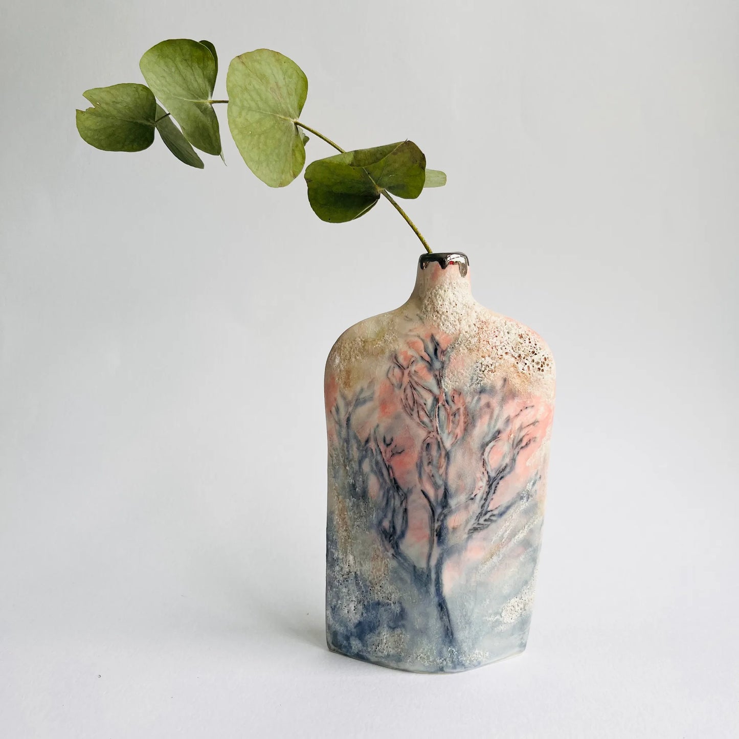 Pink and Cream Handbuilt Silhouette Trees Porcelain Bottle Vase