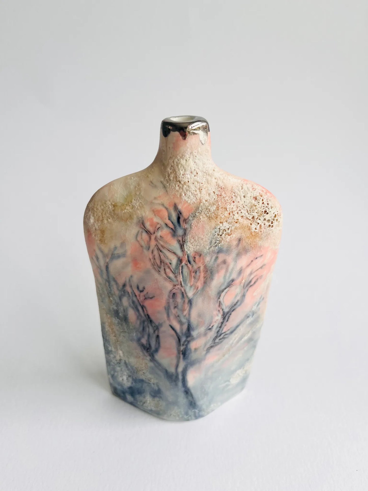 Pink and Cream Handbuilt Silhouette Trees Porcelain Bottle Vase