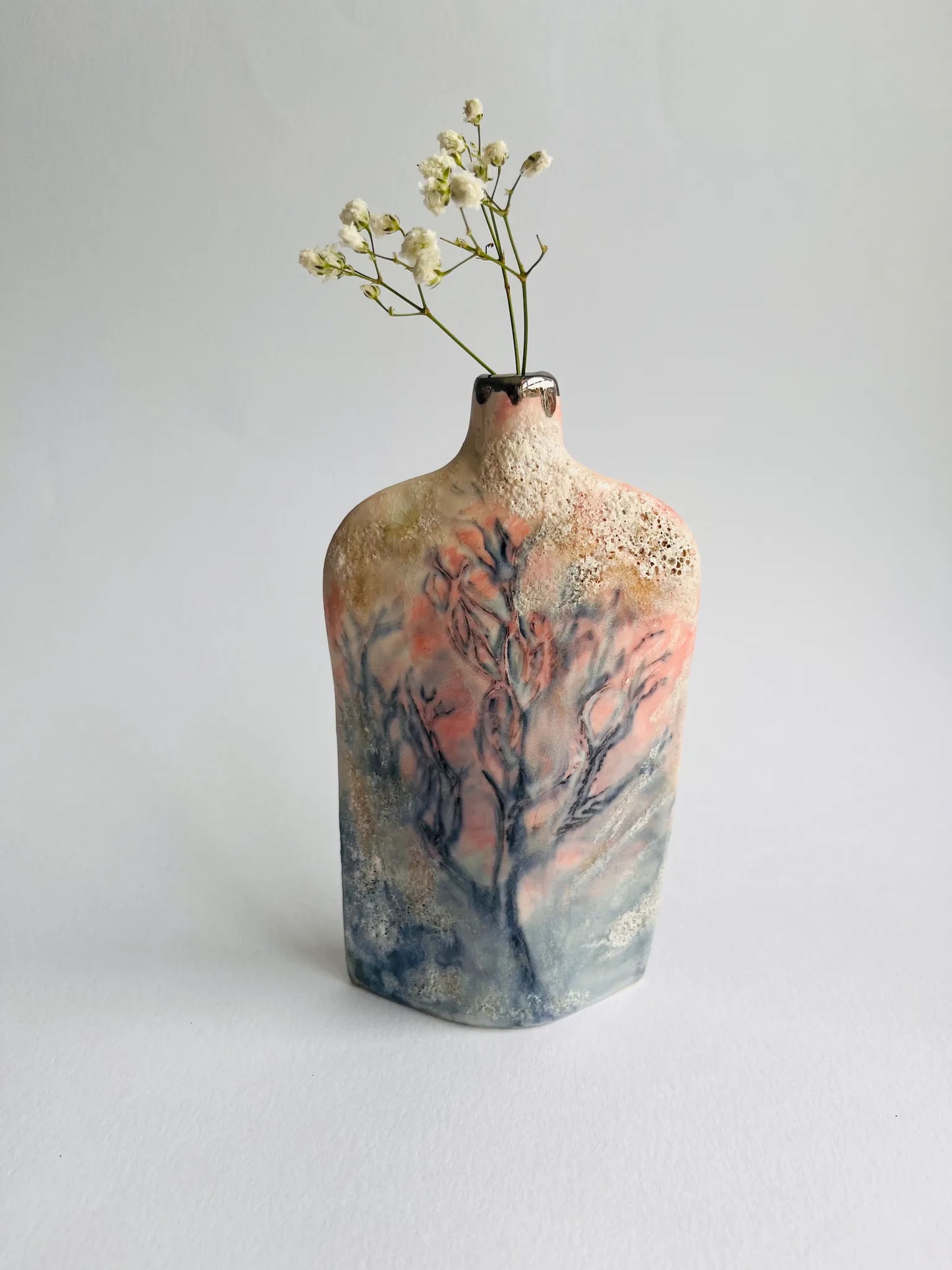 Pink and Cream Handbuilt Silhouette Trees Porcelain Bottle Vase