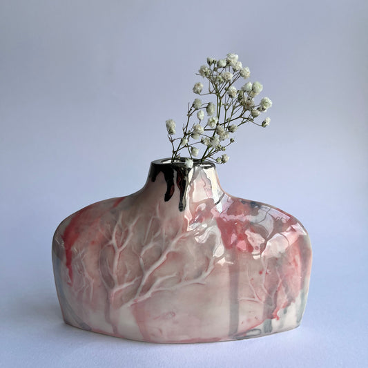 Pink Silhouette Bottle for porcelain ceramic vase winter tree relief design with gypsophila flowers inside by Nicola Briggs 