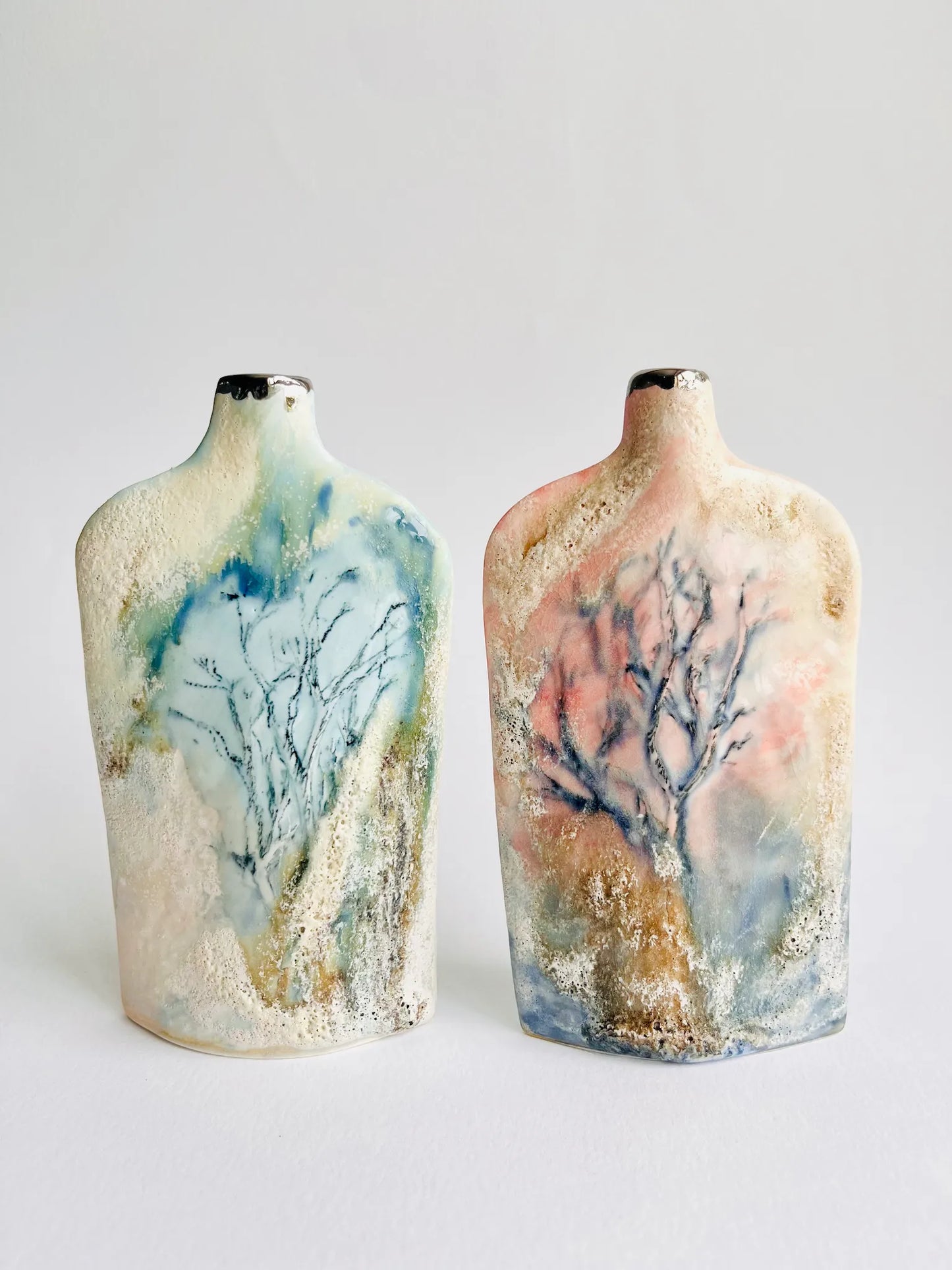 Pink and Cream Handbuilt Silhouette Trees Porcelain Bottle Vase