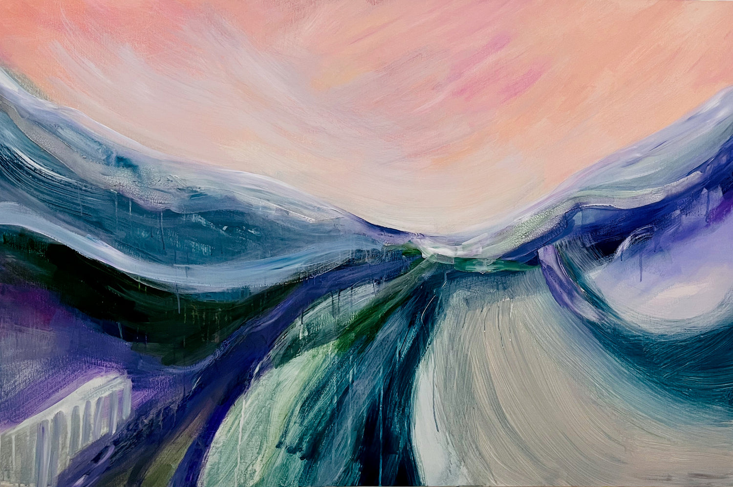 Abstract sunset painting in pastel colours with path leading your eye through the painting 