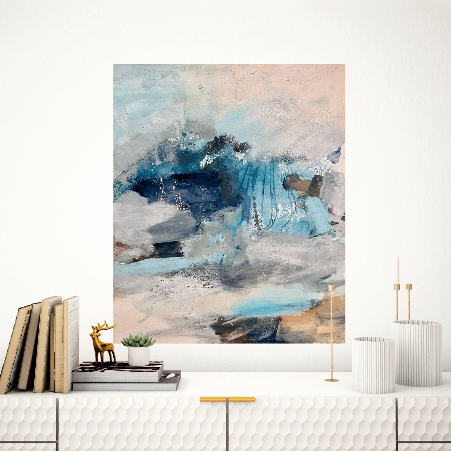 Where Silence Falls expressive atmospheric landscape original painting in muted tones of blue grey peach by contemporary artist Nicola Briggs 