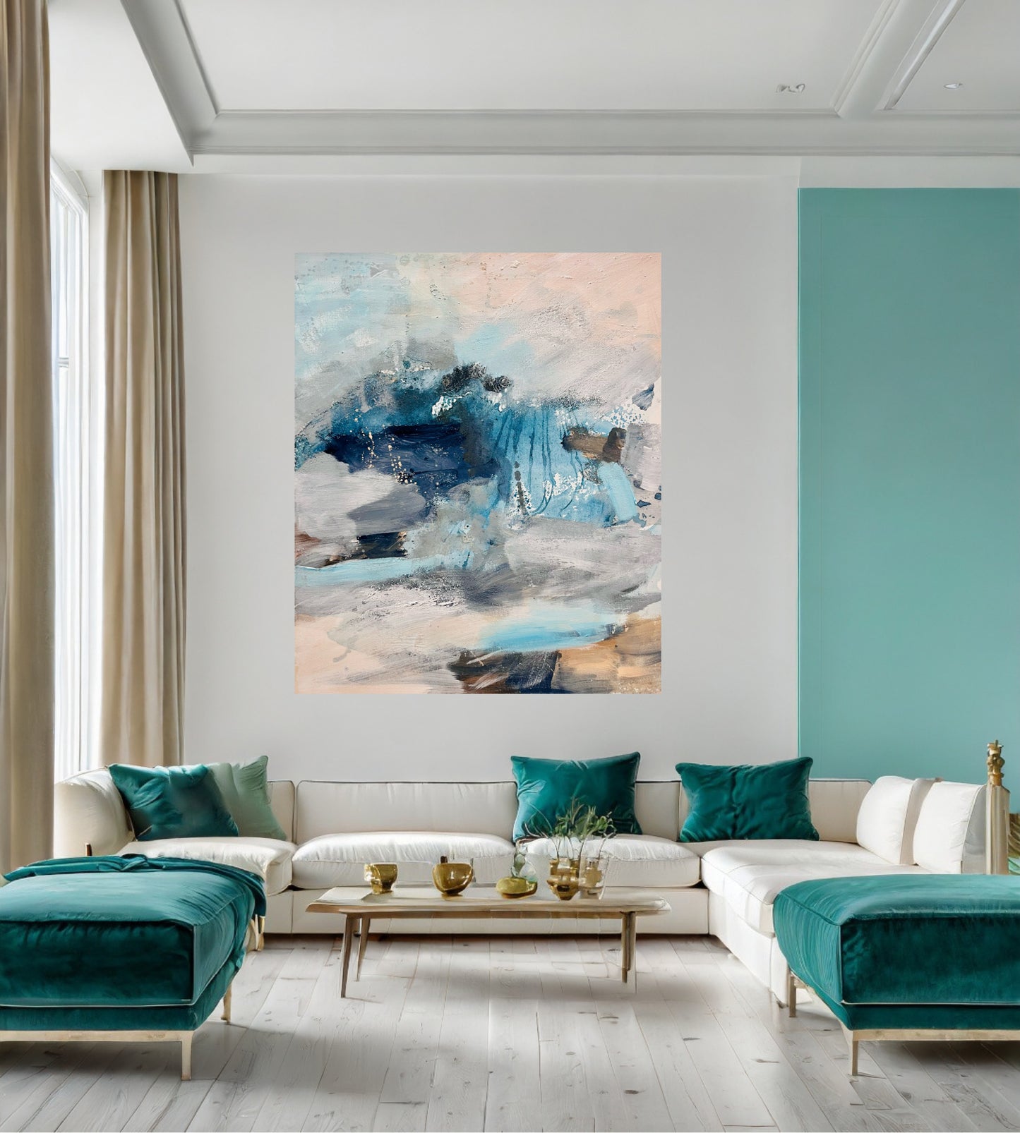 Where Silence Falls luxury abstract landscape painting by British contemporary artist Nicola Briggs, lifestyle photo on grey turquoise wall 