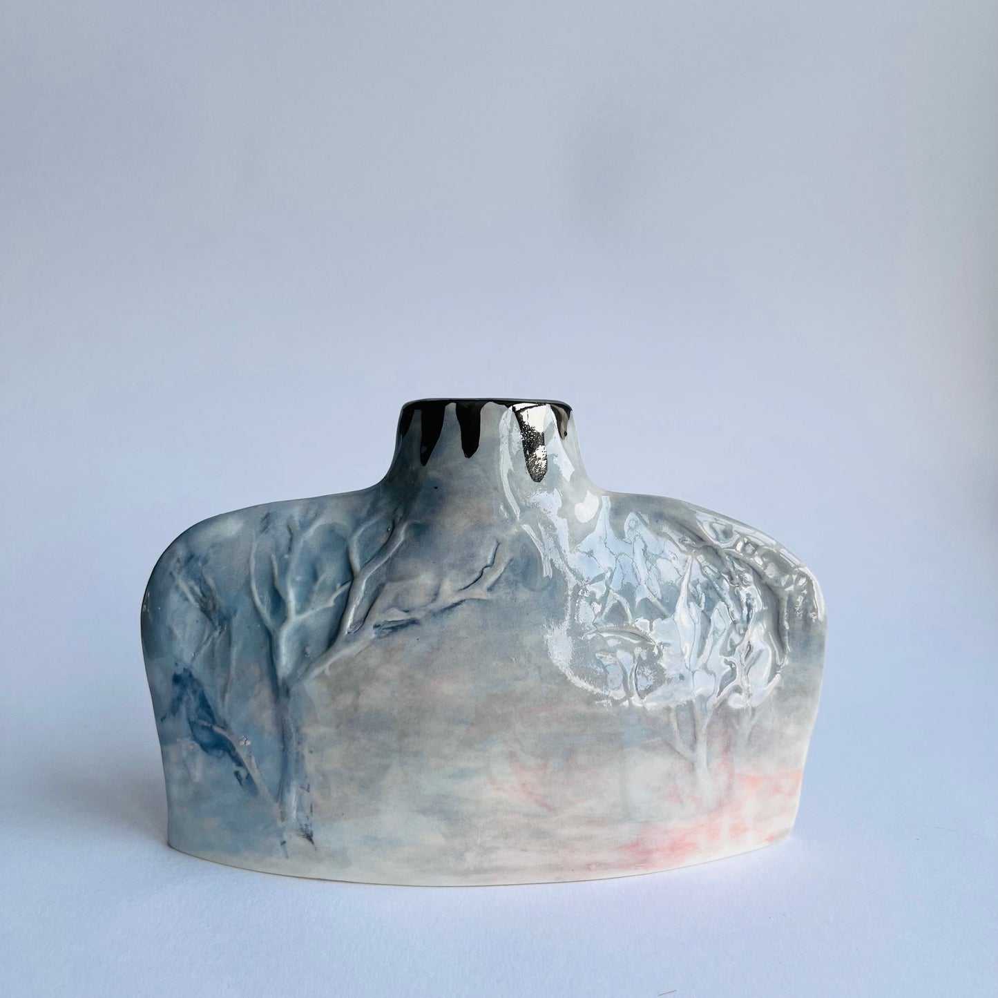 grey and pale pink silhouette bottle vase handbuilt in porcelain with relief Winter Tree decoration 