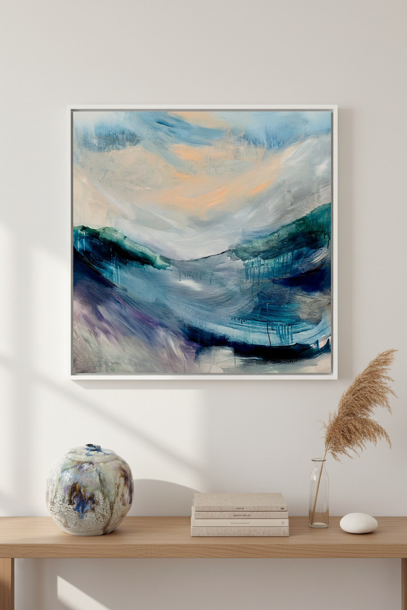 Large square painting with narrow white float frame and moon jar