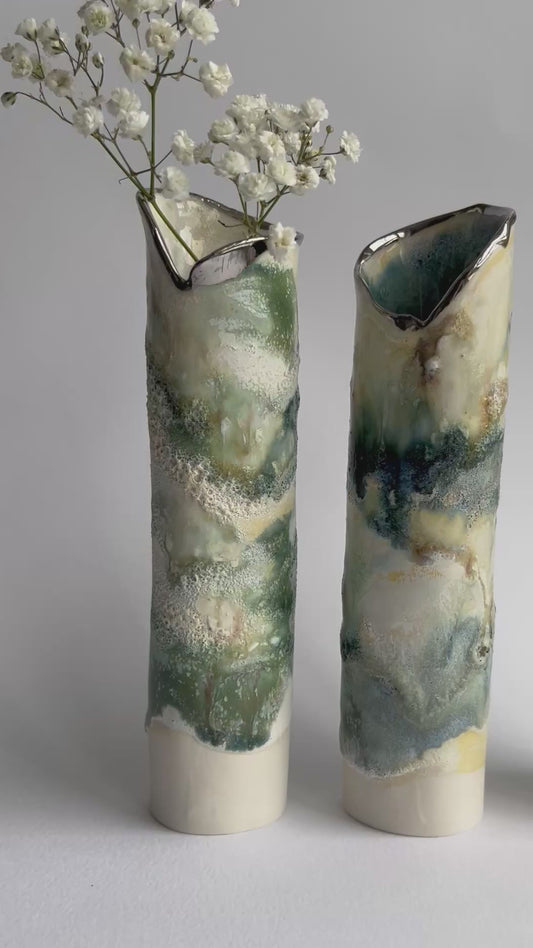 Porcelain Wrap Vase with Layered Glazes in Cream, Greens and Blue