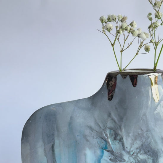 Close Up video Blue & Grey Silhouette Winter Trees Vase handbuilt in porcelain with gypophila inside 