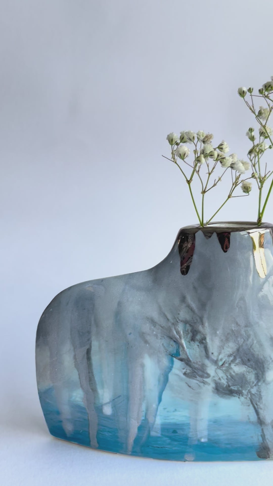 Close Up video Blue & Grey Silhouette Winter Trees Vase handbuilt in porcelain with gypophila inside 