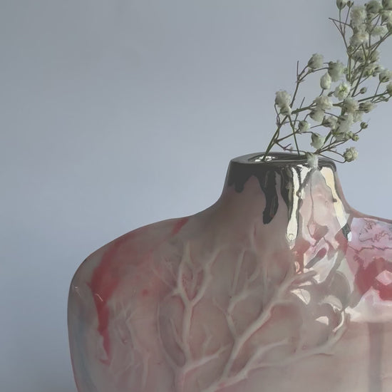 pink Silhouette flat bottle vase with relief Winter Trees design video, nature inspired gift