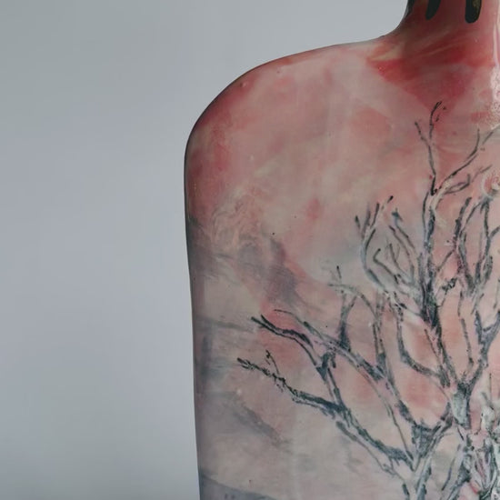 Large Pink silhouette bottle vase with drawn winter tree design by Nicola Briggs Ceramics & Art