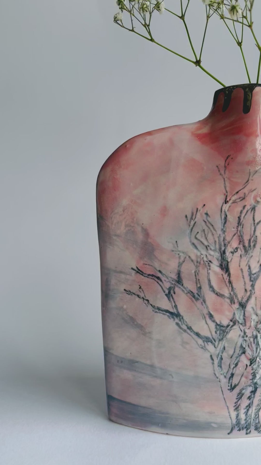 Large Pink silhouette bottle vase with drawn winter tree design by Nicola Briggs Ceramics & Art