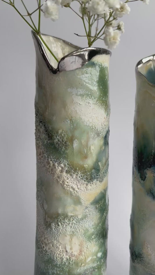 Porcelain Wrap Vase with Layered Glazes in Cream, Greens and Blue