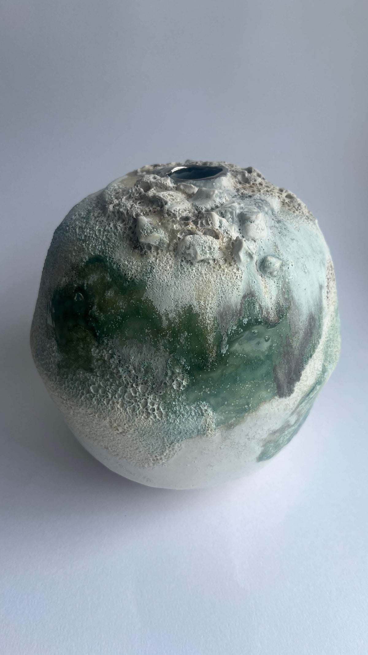 XL Moon Jar — Sea Caves Layered Green & Cream Textured Glazes with Platinum Lustre Rim