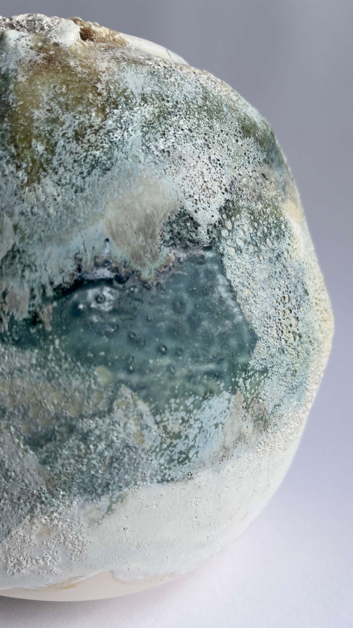 XL Moon Jar — Sea Caves Layered Green & Cream Textured Glazes with Platinum Lustre Rim