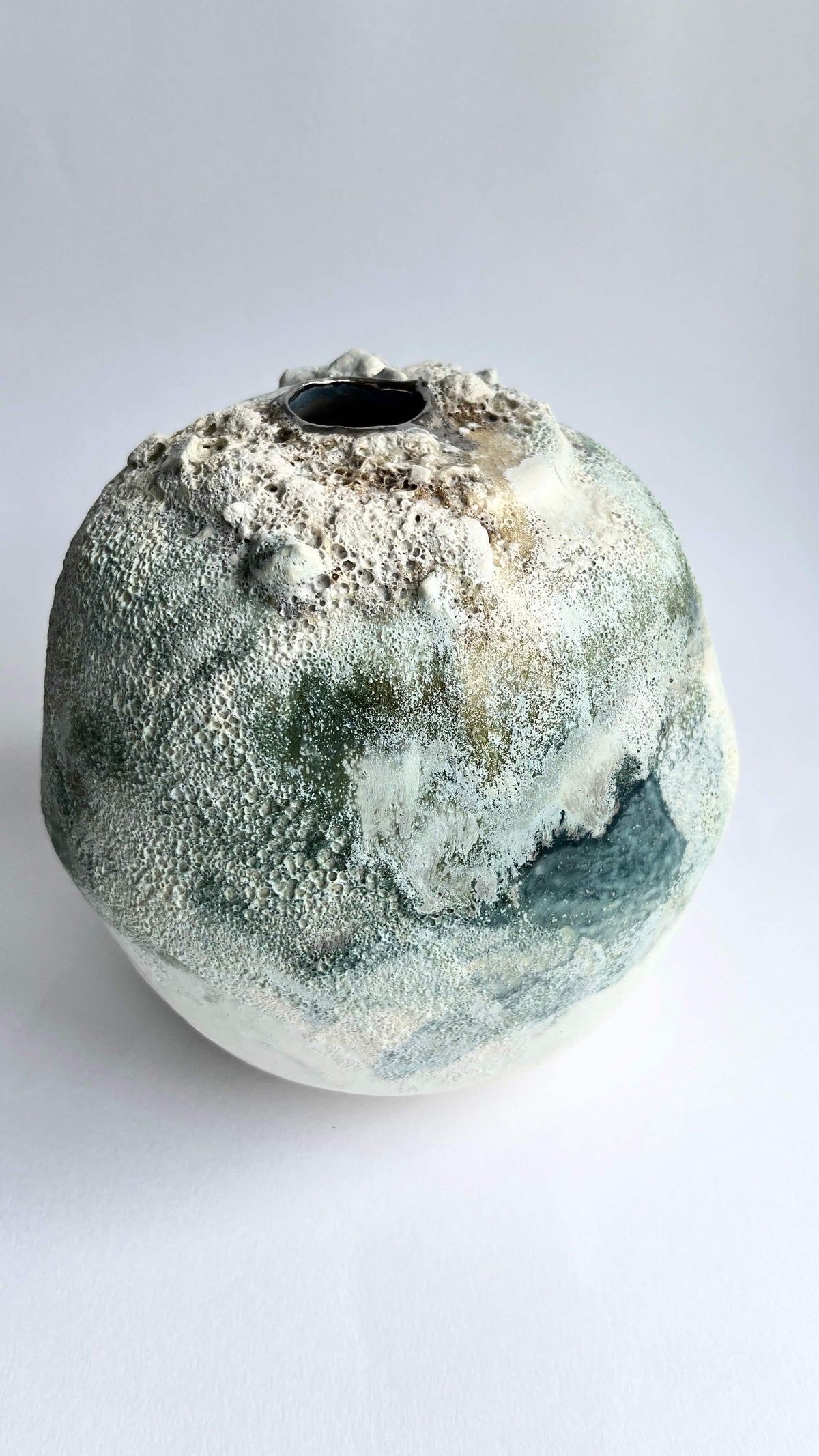 XL Moon Jar — Sea Caves Layered Green & Cream Textured Glazes with Platinum Lustre Rim