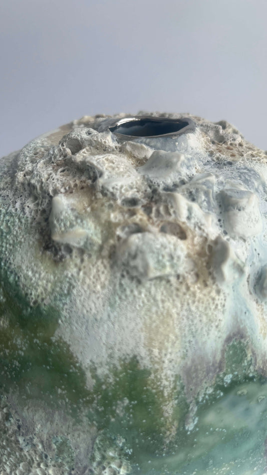 XL Moon Jar — Sea Caves Layered Green & Cream Textured Glazes with Platinum Lustre Rim