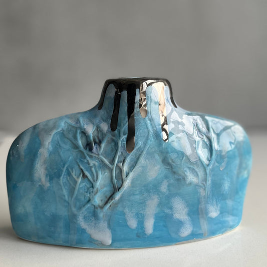 Blue Silhouette Porcelain Vase with Winter Trees Relief Design 