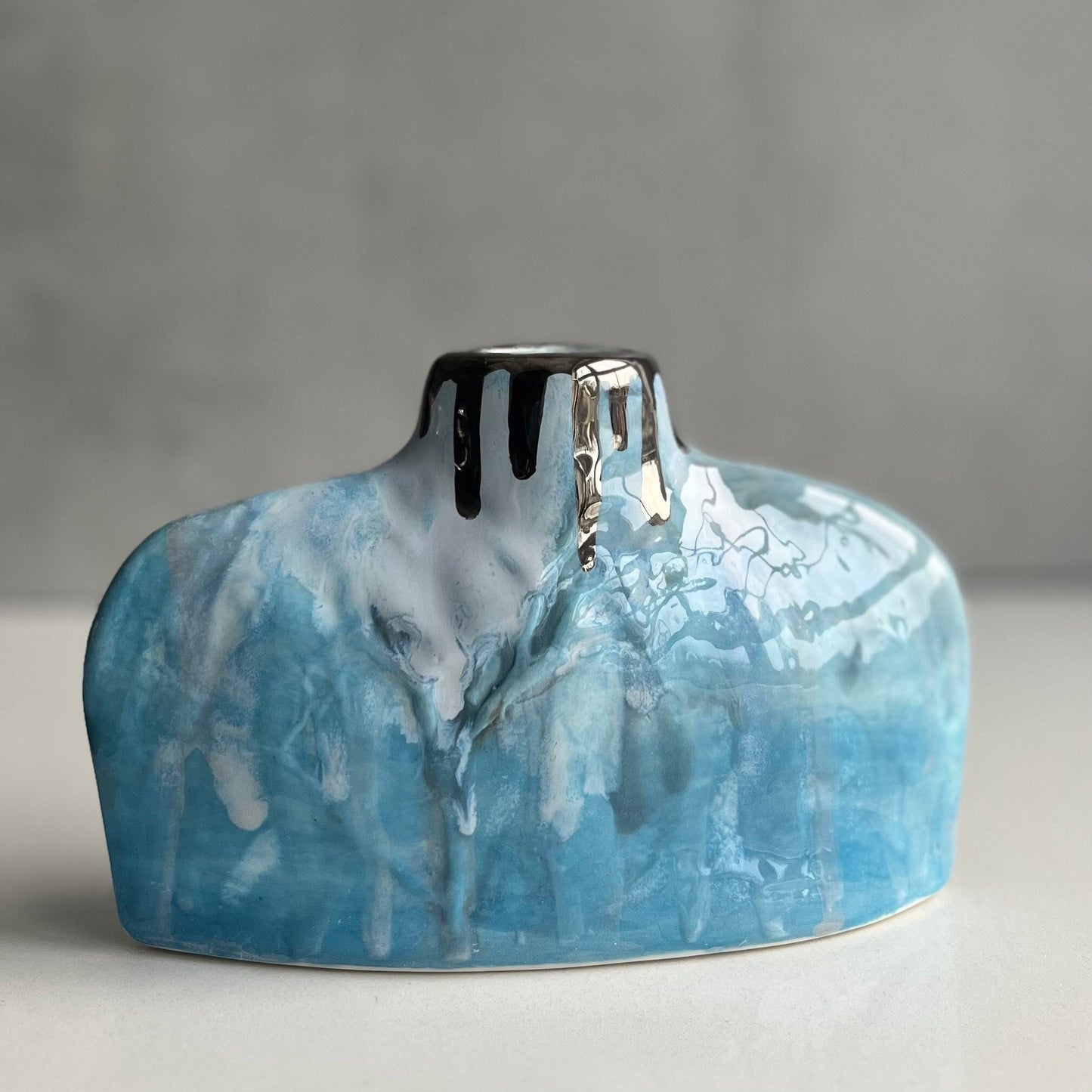 Blue and Turquoise Silhouette Flat Bottle porcelain Vase, Winter Tree design Flower Stem holder, Ceramic Art, Countryside Art