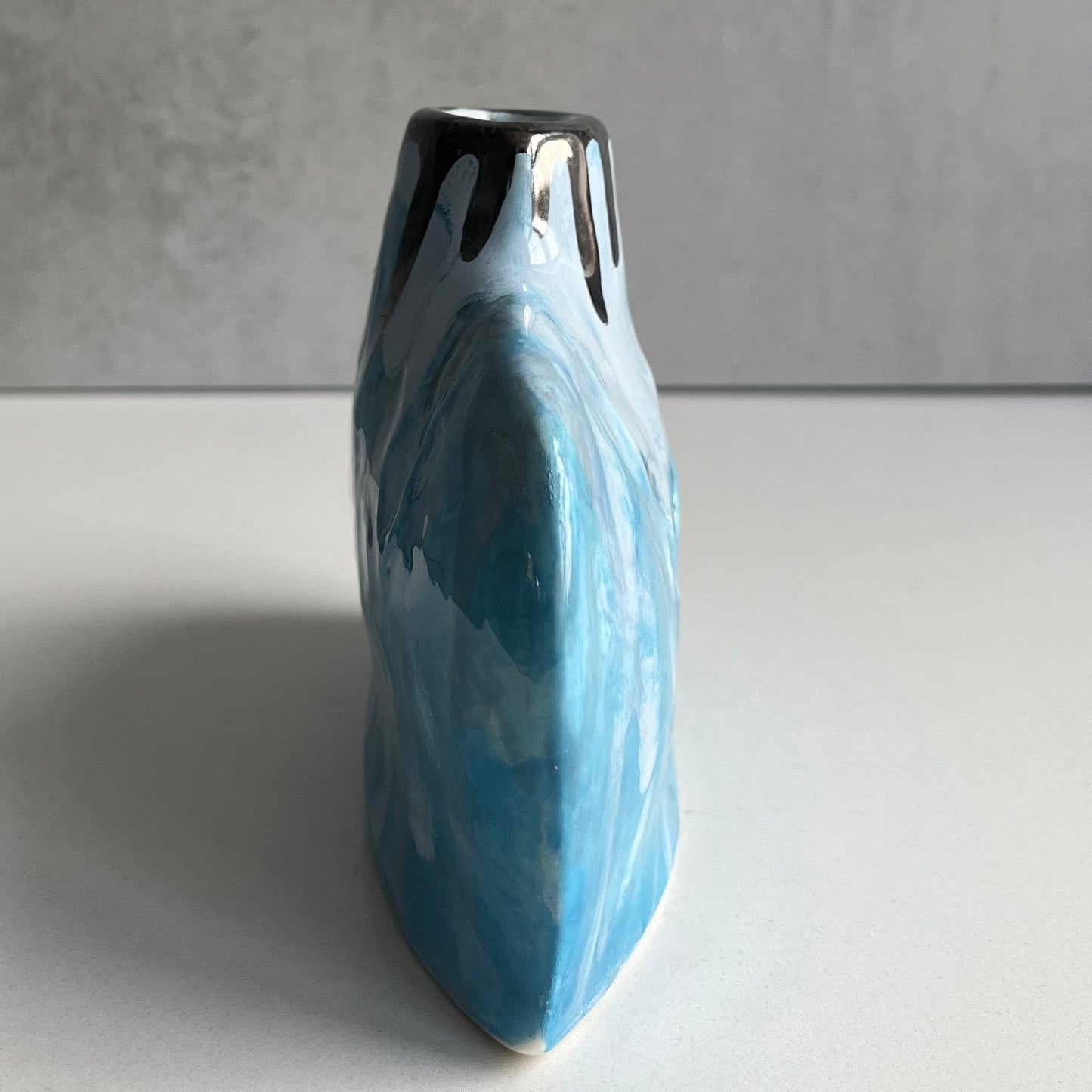 Blue and Turquoise Silhouette Flat Bottle porcelain Vase, Winter Tree design Flower Stem holder, Ceramic Art, Countryside Art