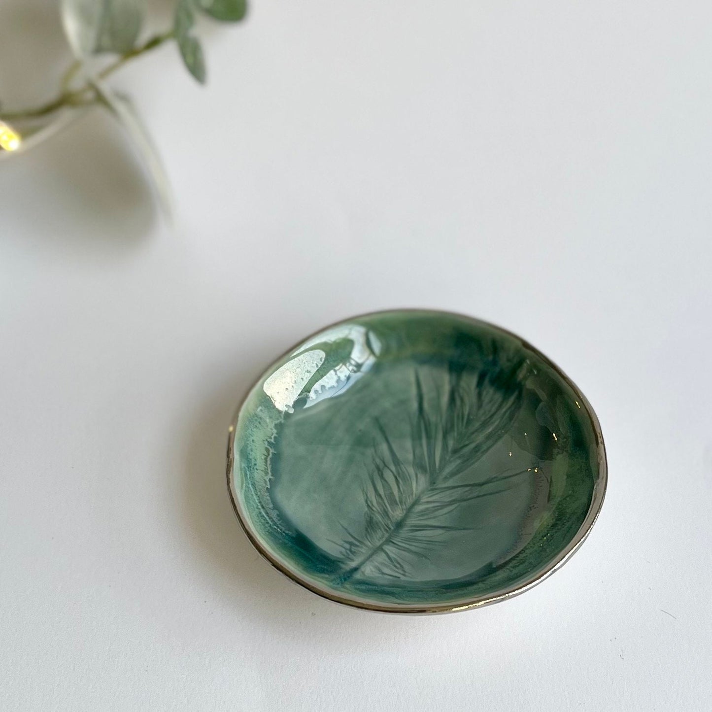 Blue layered glazes Feather Porcelain Ring Dish with Platinum rim, Jewellery Storage