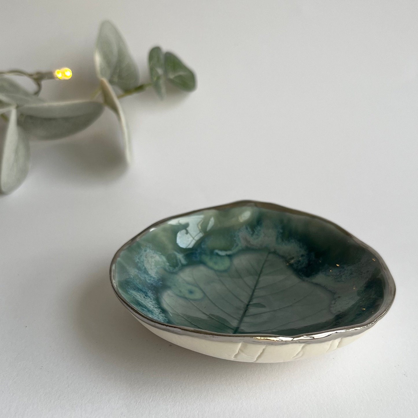 Blue layered glazes Feather Porcelain Ring Dish with Platinum rim, Jewellery Storage