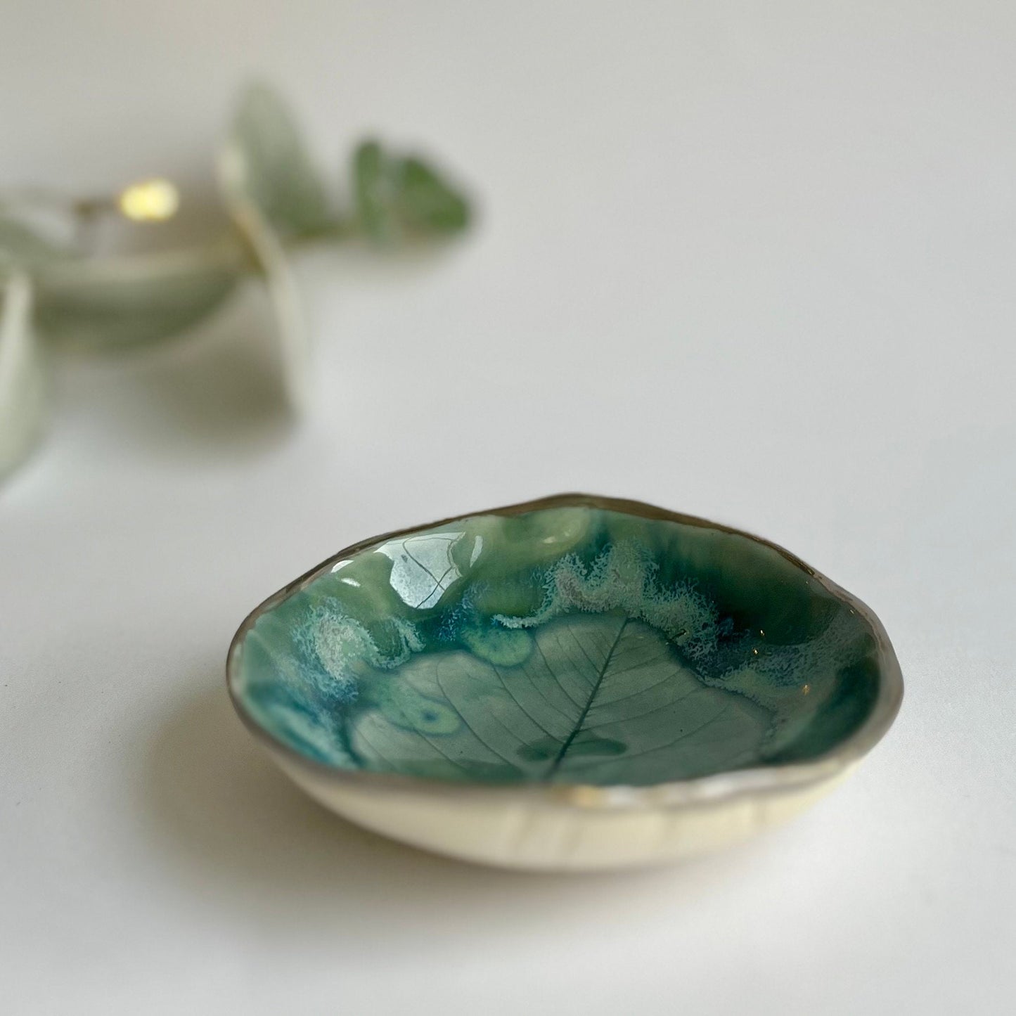 Blue layered glazes Feather Porcelain Ring Dish with Platinum rim, Jewellery Storage