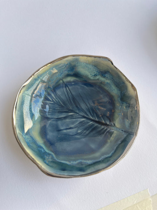 Blue layered glazes Feather Porcelain Ring Dish with Platinum rim, Jewellery Storage